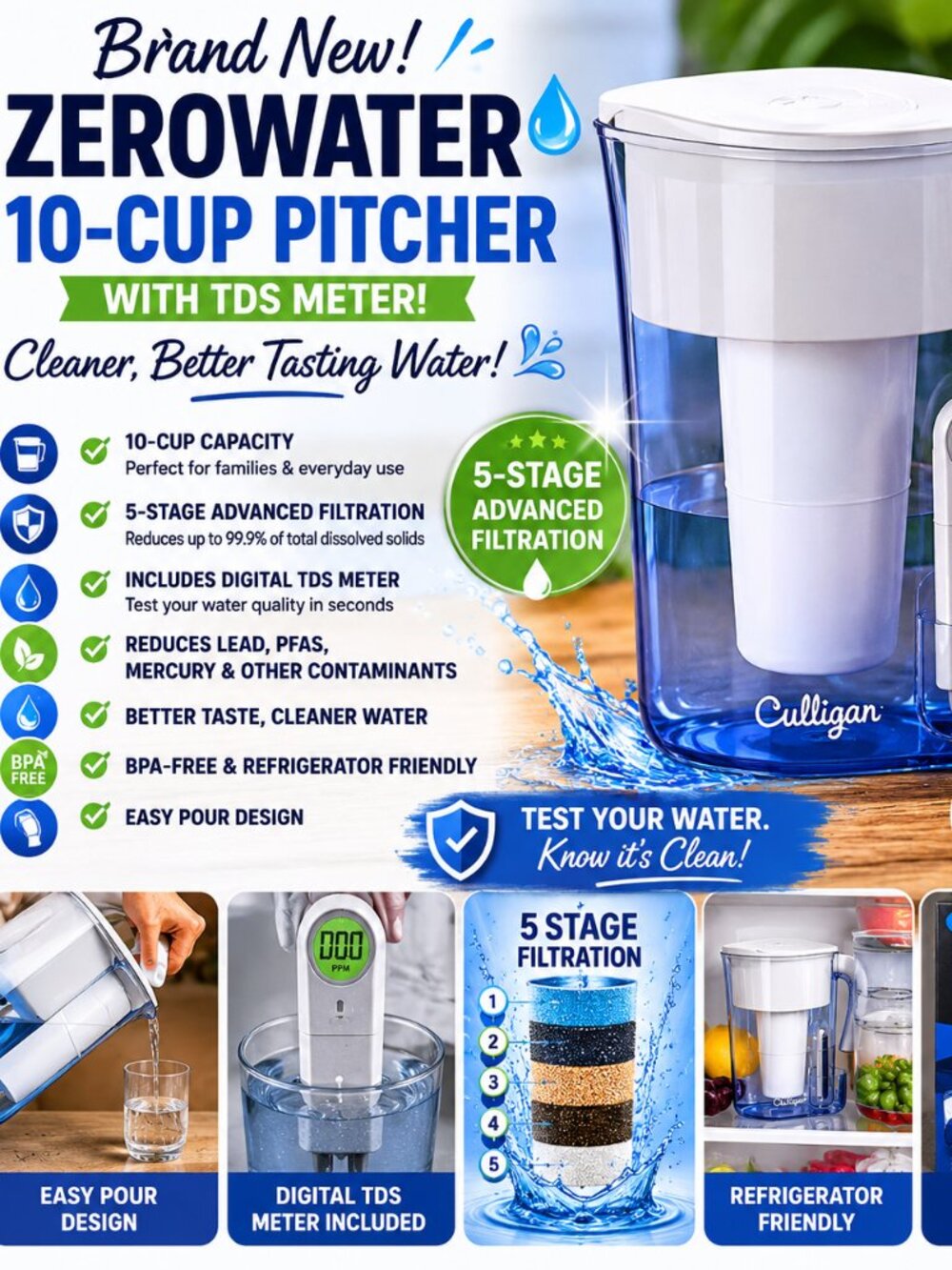 NEW Culligan ZeroWater 10 Cup Water Filter Pitcher w/ Digital TDS Meter